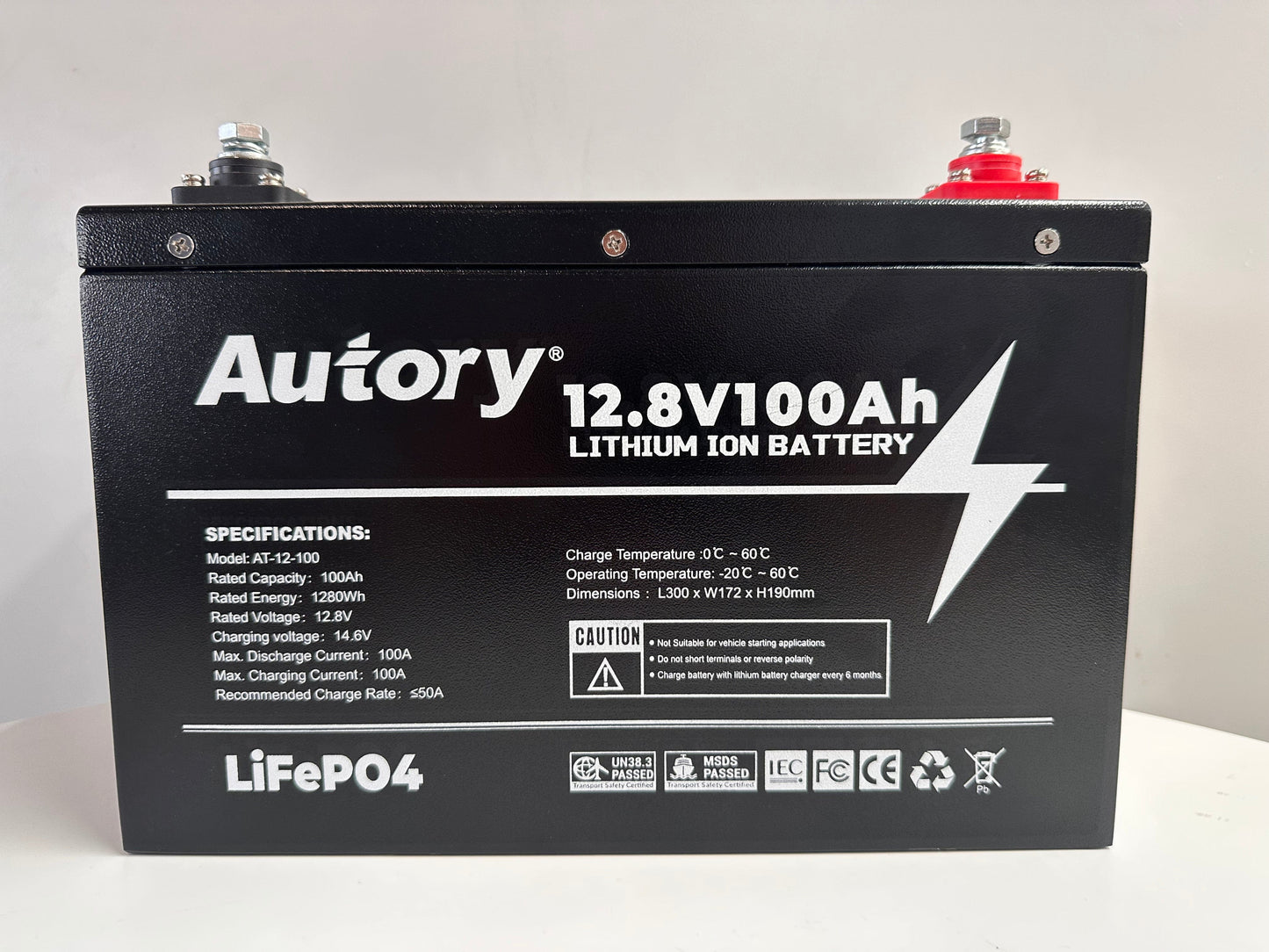 12.8V 100Ah Lithium Ion Battery by Autory with metal case for enhanced protection and long-lasting performance.