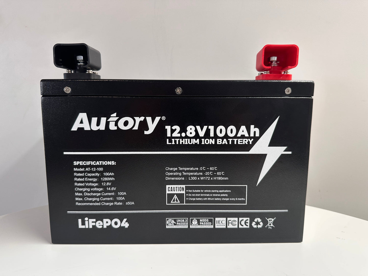 Autory 12.8V 100Ah Lithium Ion Battery in metal case, designed for high performance and safety.
