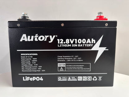 12.8V 100Ah Lithium Ion Battery by Autory with metal case for enhanced protection and long-lasting performance.